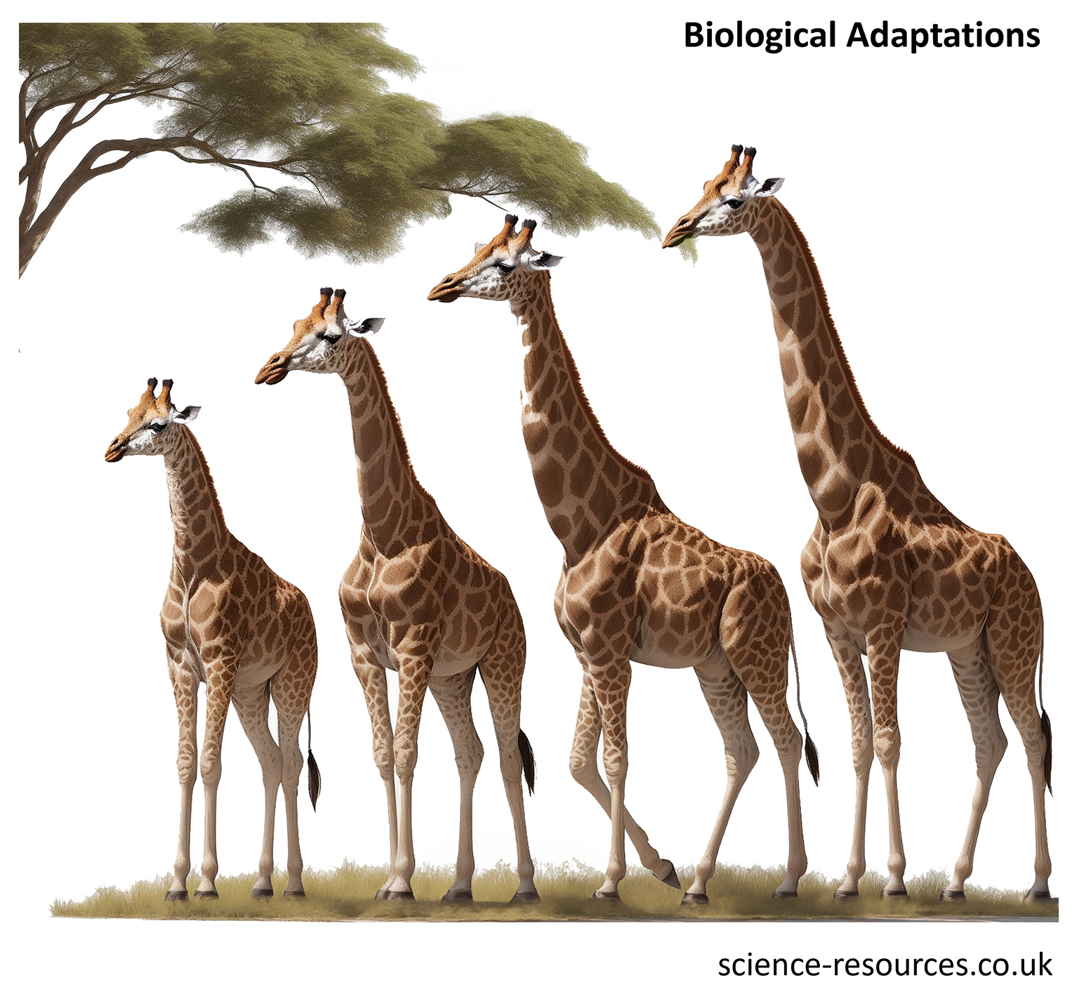 Image showing biological adaptations in giraffes.
The image features four giraffes of varying heights, standing in a line under a tree with sparse, green foliage. It shows  how certain traits, like the giraffe’s neck, have evolved to suit their environment.