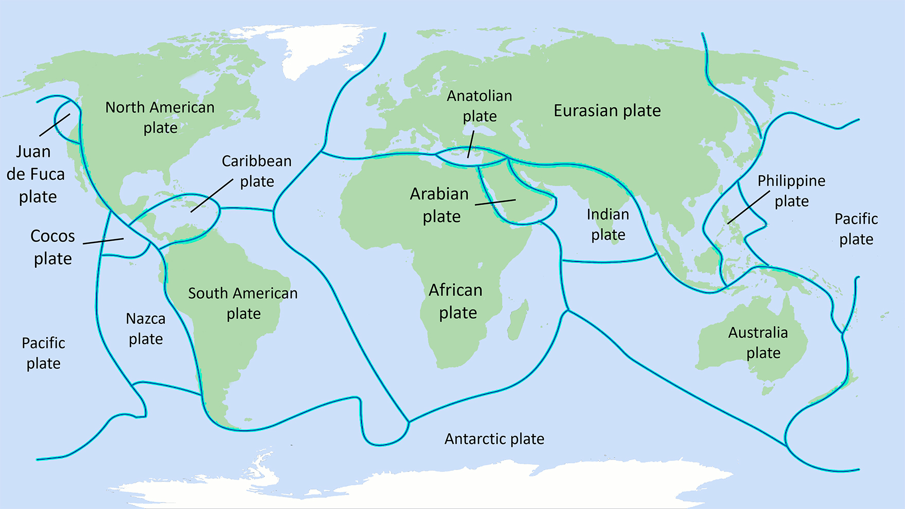 Tectonic plates This image shows a map of the world with the major tectonic plates outlined and named. Tectonic plates are large pieces of the Earth’s crust that move and interact with each other, causing earthquakes, volcanoes, and mountain formation. The map also shows the boundaries between the plates, which can be convergent, divergent, or transform.