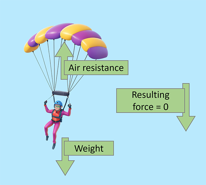 This image is a diagram illustrating the forces acting on a parachutist. The parachutist is depicted mid-air with labels indicating “Air resistance” upwards, “Weight” downwards, and “Largest resulting force” downwards.