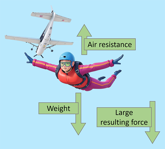 This image illustrates a skydiver in mid-air, with labels and arrows indicating the forces acting on them. A plane is visible in the background, indicating that the skydiver has recently jumped.

The labels are:

Air resistance with an upward arrow indicates the force counteracting gravity.
Weight with a downward arrow represents gravitational pull on the skydiver.
Larger resulting force with a diagonal downward arrow shows the net force on the skydiver.
This means that the skydiver is in a state of free fall, where they accelerate downwards due to gravity. The skydiver can reduce their acceleration by increasing their air resistance, which depends on their body position and surface area.